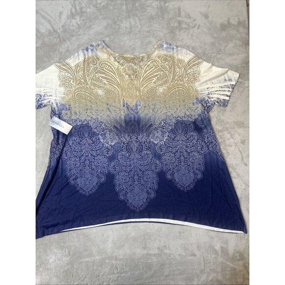 Women’s Catherines Blouse Paisley Navy Blue Tan Rhinestones Embroidered Neck 2X - Picture 10 of 12